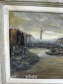 Old oil painting on canvas chiaroscuro Paris view boat obelisk