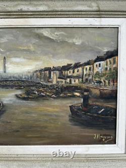Old oil painting on canvas chiaroscuro Paris view boat obelisk