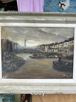 Old oil painting on canvas chiaroscuro Paris view boat obelisk