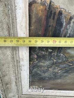 Old oil painting on canvas chiaroscuro Paris view boat obelisk