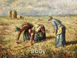 Old oil painting on canvas depicting Millet's The Gleaners