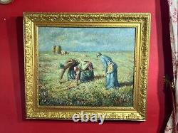 Old oil painting on canvas depicting Millet's The Gleaners