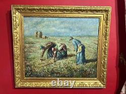 Old oil painting on canvas depicting Millet's The Gleaners