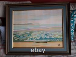 Old oil painting on canvas depicting a seaside scene