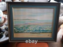 Old oil painting on canvas depicting a seaside scene