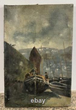 Old oil painting on canvas depicting a shipyard in Cotentin, Normandy