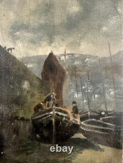 Old oil painting on canvas depicting a shipyard in Cotentin, Normandy
