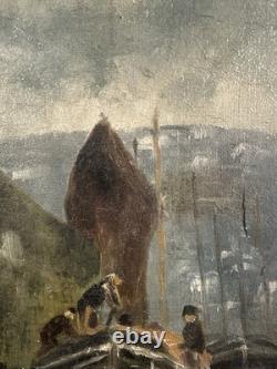Old oil painting on canvas depicting a shipyard in Cotentin, Normandy