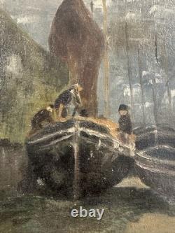 Old oil painting on canvas depicting a shipyard in Cotentin, Normandy