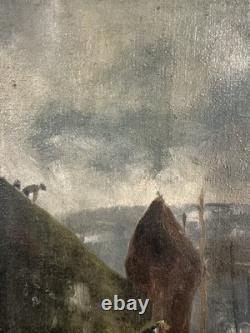 Old oil painting on canvas depicting a shipyard in Cotentin, Normandy