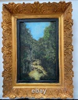 Old oil painting on canvas, forest, river, 22x14 cm