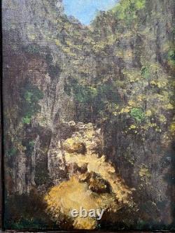 Old oil painting on canvas, forest, river, 22x14 cm