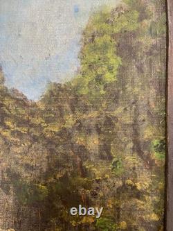 Old oil painting on canvas, forest, river, 22x14 cm