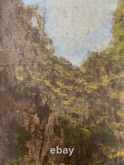 Old oil painting on canvas, forest, river, 22x14 cm