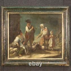 Old oil painting on canvas, genre scene with 18th century characters.