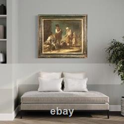 Old oil painting on canvas, genre scene with 18th century characters.