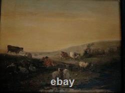 Old oil painting on canvas landscape/pasture from the 19th century #D3#
