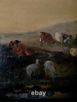 Old oil painting on canvas landscape/pasture from the 19th century #D3#