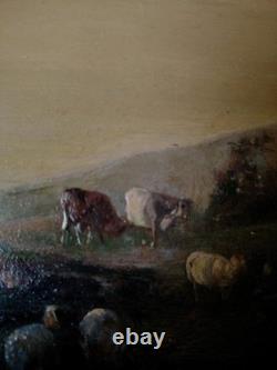 Old oil painting on canvas landscape/pasture from the 19th century #D3#