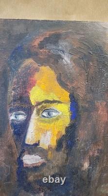 Old oil painting on canvas mounted on cardboard, portrait of a man's face, 27 cm x 35 cm