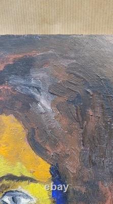 Old oil painting on canvas mounted on cardboard, portrait of a man's face, 27 cm x 35 cm
