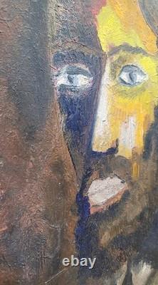 Old oil painting on canvas mounted on cardboard, portrait of a man's face, 27 cm x 35 cm