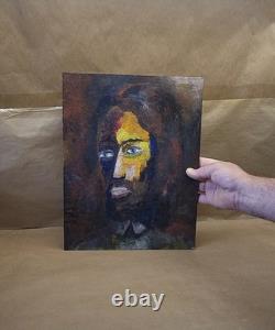 Old oil painting on canvas mounted on cardboard, portrait of a man's face, 27 cm x 35 cm