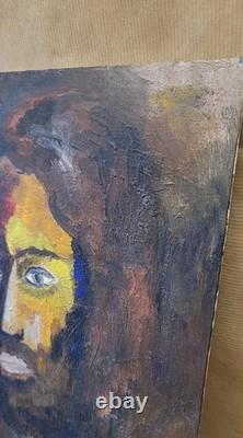 Old oil painting on canvas mounted on cardboard, portrait of a man's face, 27 cm x 35 cm
