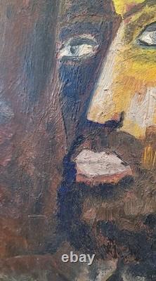 Old oil painting on canvas mounted on cardboard, portrait of a man's face, 27 cm x 35 cm