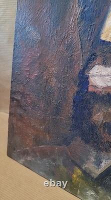 Old oil painting on canvas mounted on cardboard, portrait of a man's face, 27 cm x 35 cm