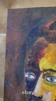 Old oil painting on canvas mounted on cardboard, portrait of a man's face, 27 cm x 35 cm