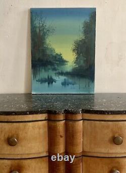 Old oil painting on canvas of a lakeside landscape signed C. Ebel Christian Ebel