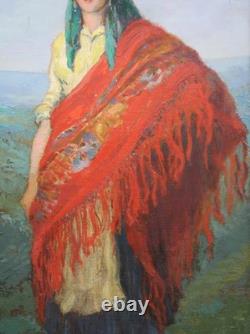 Old oil painting on canvas of a water carrier with the red shawl, Portugal