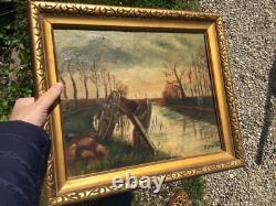 Old oil painting on canvas signed Chariot at the edge of the canal