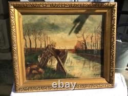 Old oil painting on canvas signed Chariot at the edge of the canal