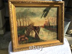 Old oil painting on canvas signed Chariot at the edge of the canal