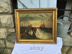 Old oil painting on canvas signed Chariot at the edge of the canal