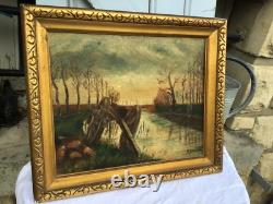 Old oil painting on canvas signed Chariot at the edge of the canal