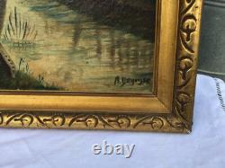 Old oil painting on canvas signed Chariot at the edge of the canal