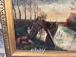 Old oil painting on canvas signed Chariot at the edge of the canal