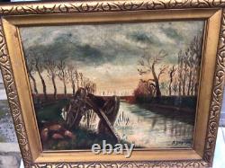 Old oil painting on canvas signed Chariot at the edge of the canal