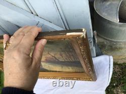 Old oil painting on canvas signed Chariot at the edge of the canal