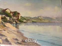 Old oil painting on canvas, signed, Château de Glériolles, Lavaux, Lake Geneva, Switzerland
