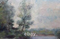 Old oil painting on canvas signed JOUAN, view of the Loire, beach