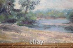 Old oil painting on canvas signed JOUAN, view of the Loire, beach
