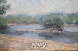 Old oil painting on canvas signed JOUAN, view of the Loire, beach