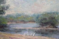 Old oil painting on canvas signed JOUAN, view of the Loire, beach