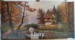 Old oil painting on canvas signed R Lambert, romantic landscape