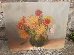Old oil painting on canvas with chrysanthemums in a green pitcher signed and dated