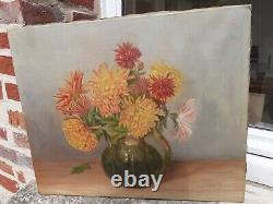 Old oil painting on canvas with chrysanthemums in a green pitcher signed and dated